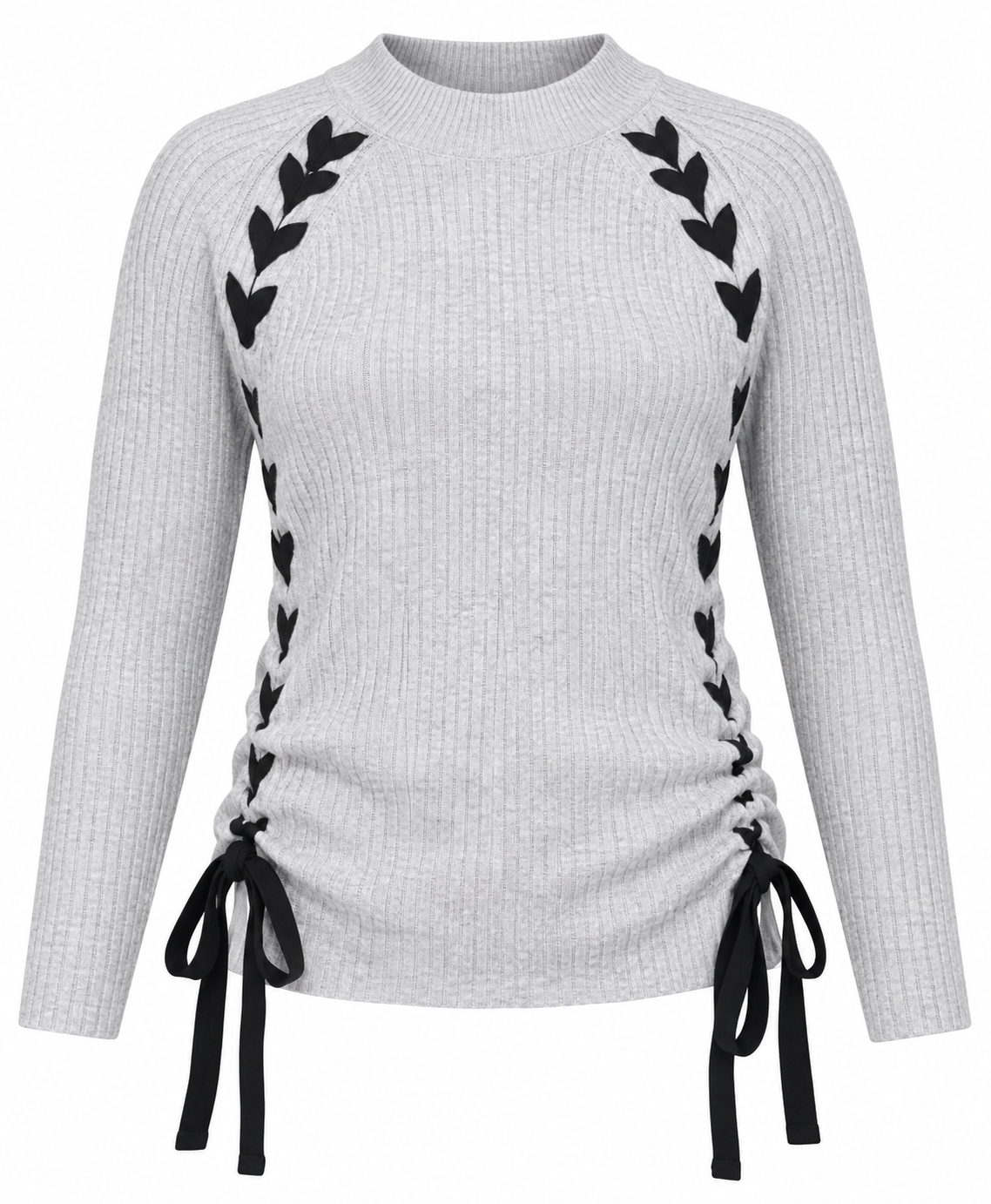 PAPAYA women’s grey ribbed jumper in UK Size M featuring black leaf detailing, long sleeves and stylish adjustable ruched side ties.