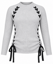 PAPAYA women’s grey ribbed jumper in UK Size M featuring black leaf detailing, long sleeves and stylish adjustable ruched side ties.