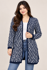 PAPAYA Women Navy Blue & White Chevron Knit Long Cardigan
