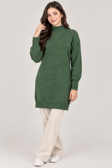 PAPAYA Women Olive Green Knitted Turtleneck Sweater Dress
