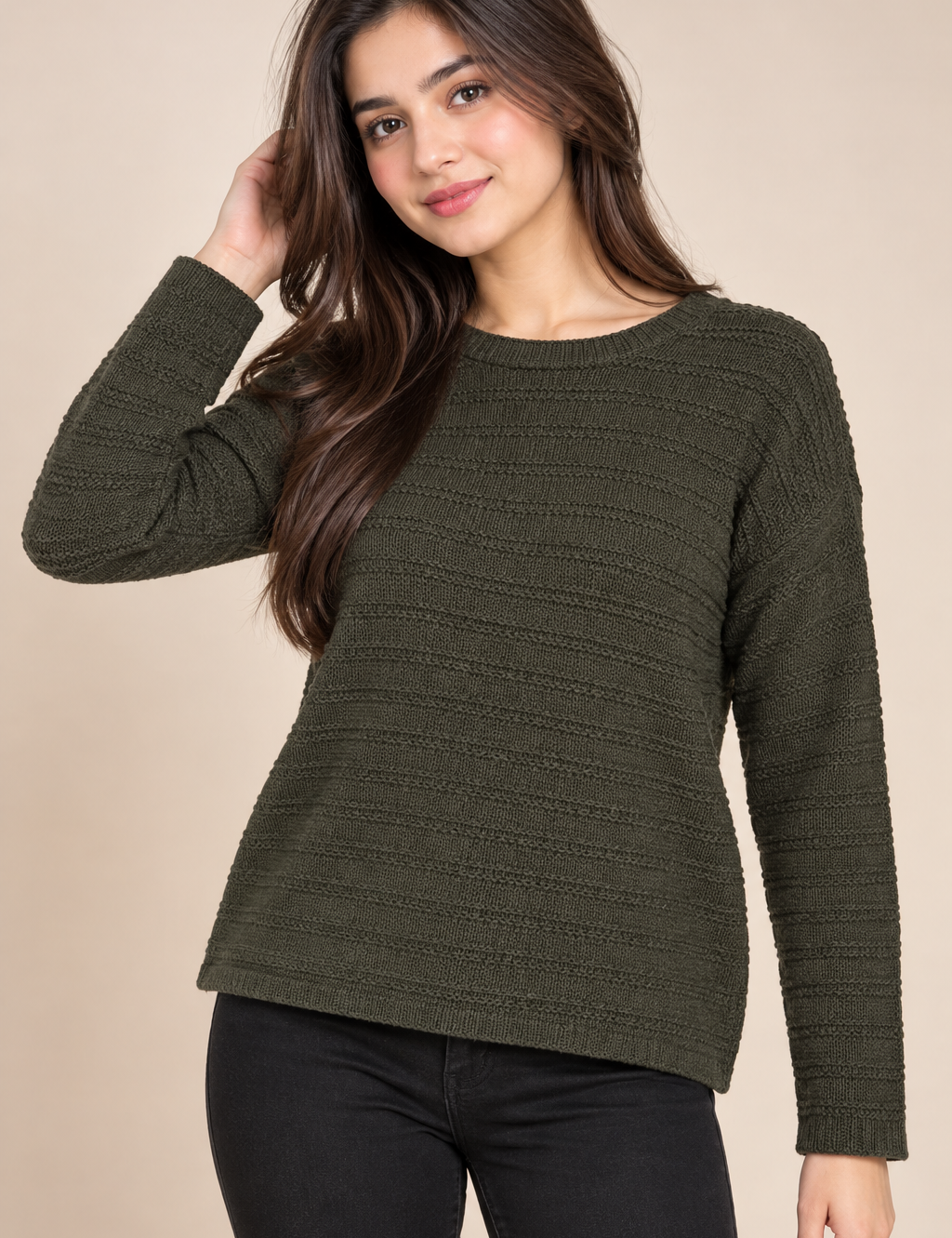 PAPAYA women’s olive green ribbed knit jumper in UK Size L. Classic crew neck, long sleeves and comfortable everyday fit for autumn and winter.