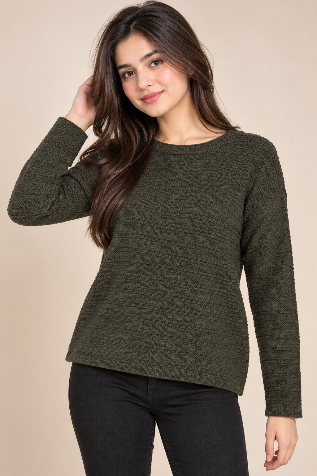 PAPAYA women’s olive green ribbed knit jumper in UK Size L. Classic crew neck, long sleeves and comfortable everyday fit for autumn and winter.