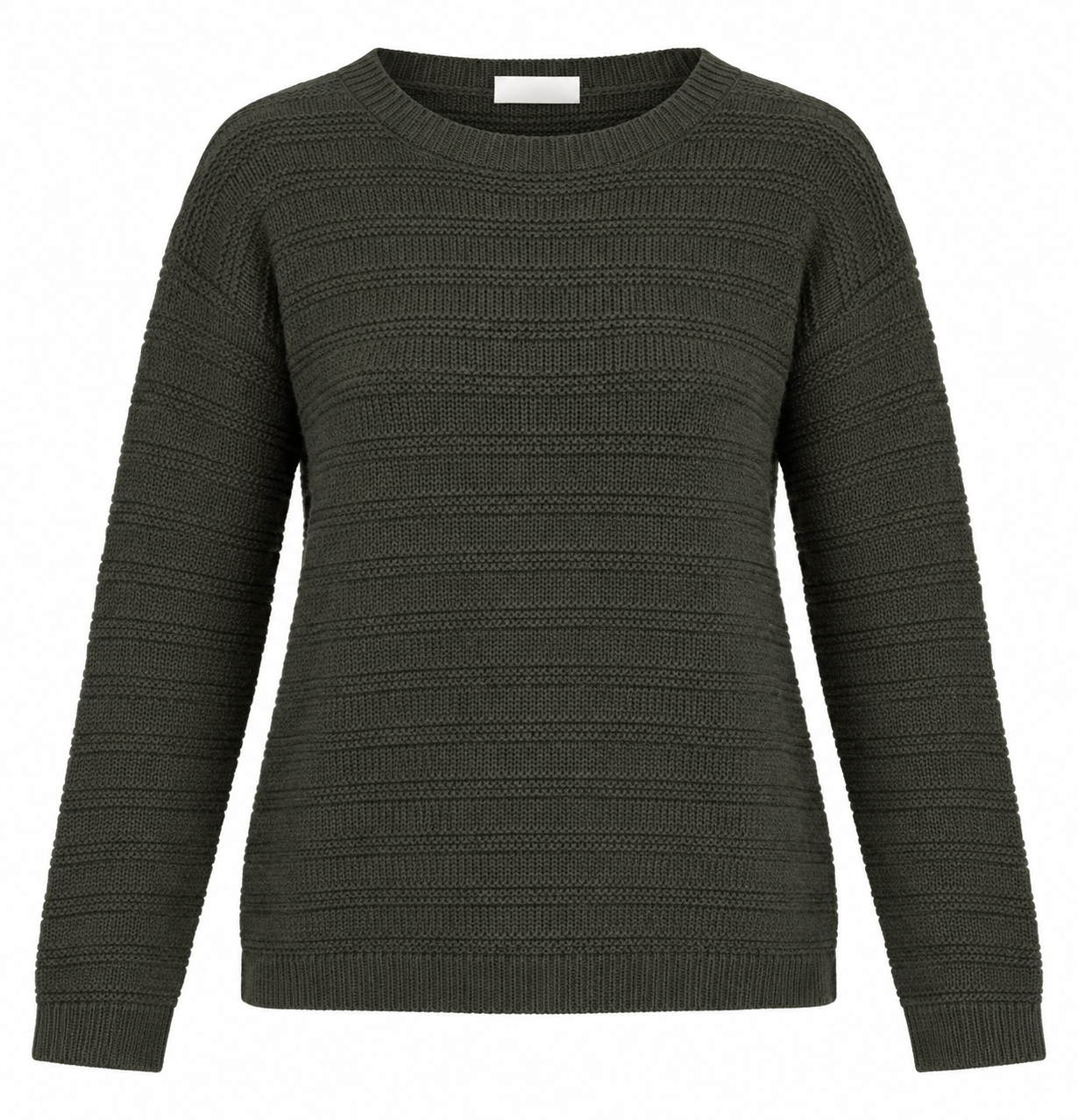 PAPAYA women’s olive green ribbed knit jumper in UK Size L. Classic crew neck, long sleeves and comfortable everyday fit for autumn and winter.