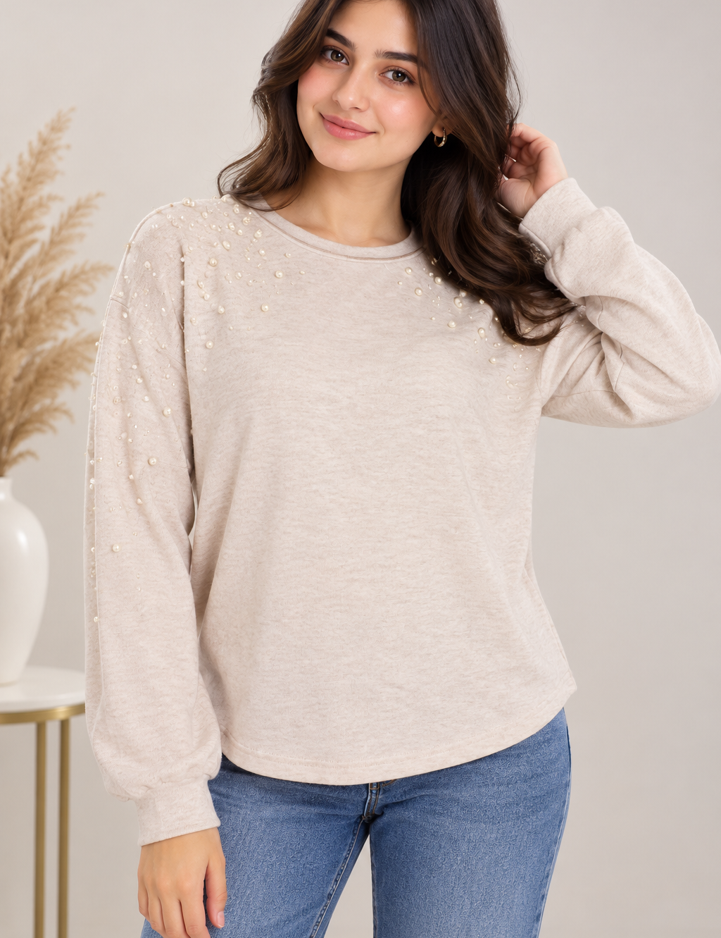 PAPAYA women’s cream pearl embellished jumper in UK Size S. Stylish long sleeves, round neck and elegant pearl detailing. UK customer return.
