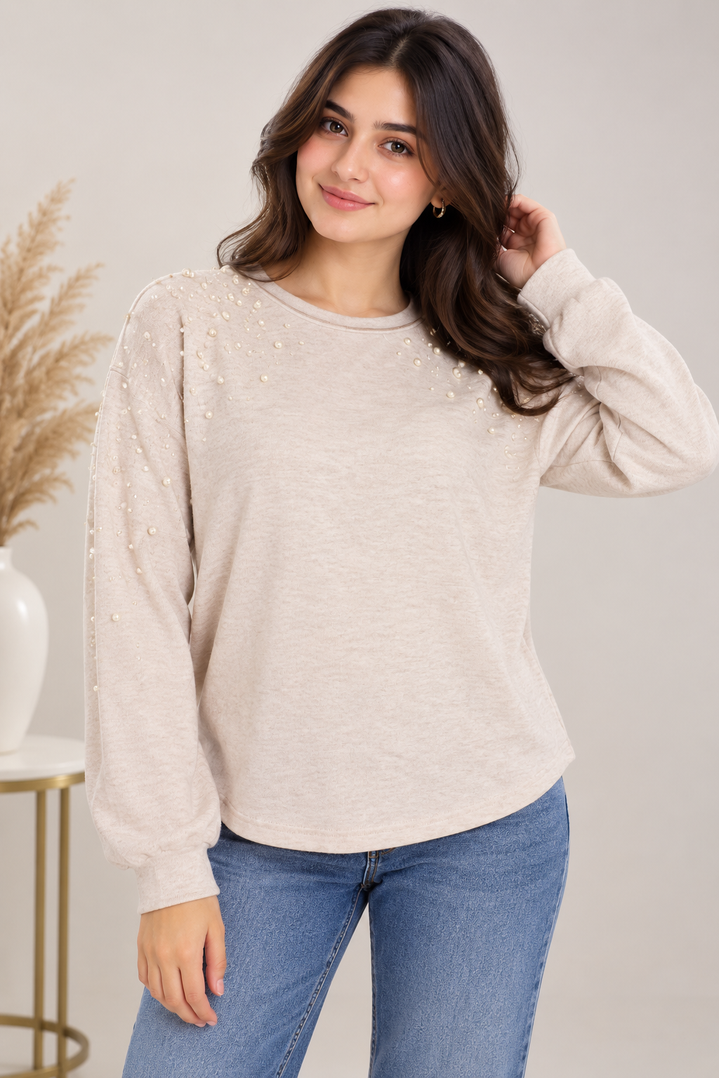 PAPAYA women’s cream pearl embellished jumper in UK Size S. Stylish long sleeves, round neck and elegant pearl detailing. UK customer return.
