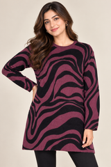 PAPAYA Women Plum & Black Abstract Wave Pattern Long Sleeve Knit Tunic Sweater