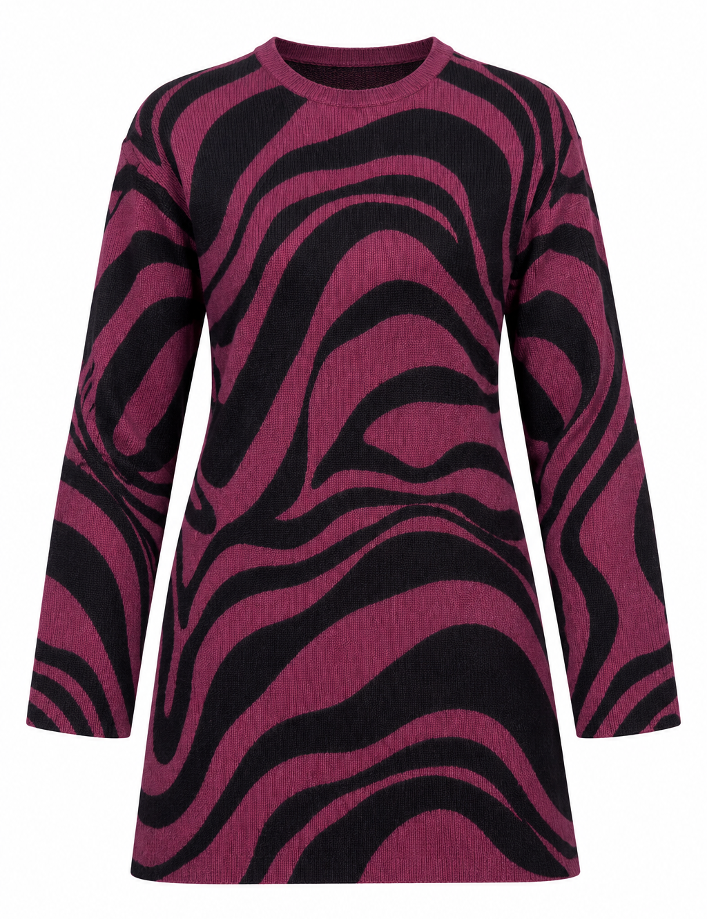 women’s plum and black abstract wave knit tunic, UK size XL. Long sleeve relaxed fit with stylish pattern, perfect for casual everyday wear.
