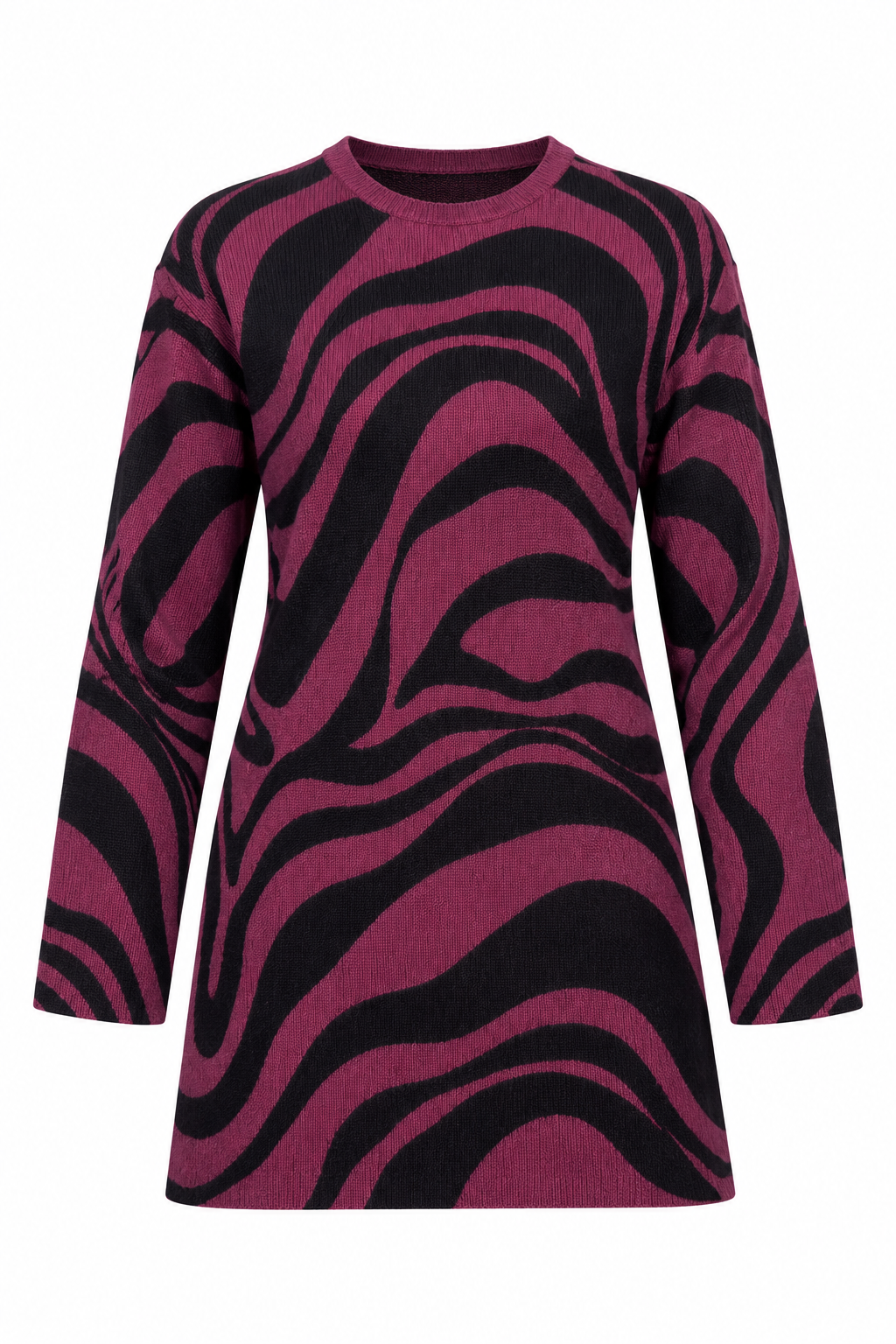 women’s plum and black abstract wave knit tunic, UK size XL. Long sleeve relaxed fit with stylish pattern, perfect for casual everyday wear.