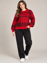 Papaya Women Red & Black Check Fluffy Knit Jumper