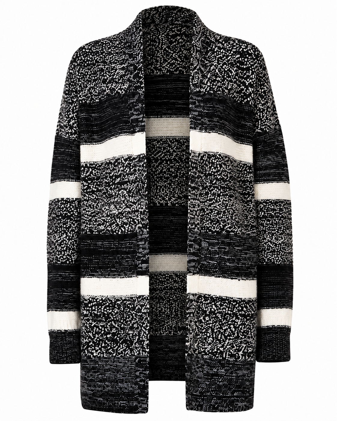 PAPAYA women's knitted cardigan in UK Size L, featuring a stylish black, grey and cream striped design, long sleeves and a comfortable longline fit. Perfect for casual layering.