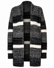 PAPAYA women's knitted cardigan in UK Size L, featuring a stylish black, grey and cream striped design, long sleeves and a comfortable longline fit. Perfect for casual layering.