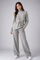 PAPAYA Women’s Grey Ribbed Turtleneck Knit Jumper with Tie Waist