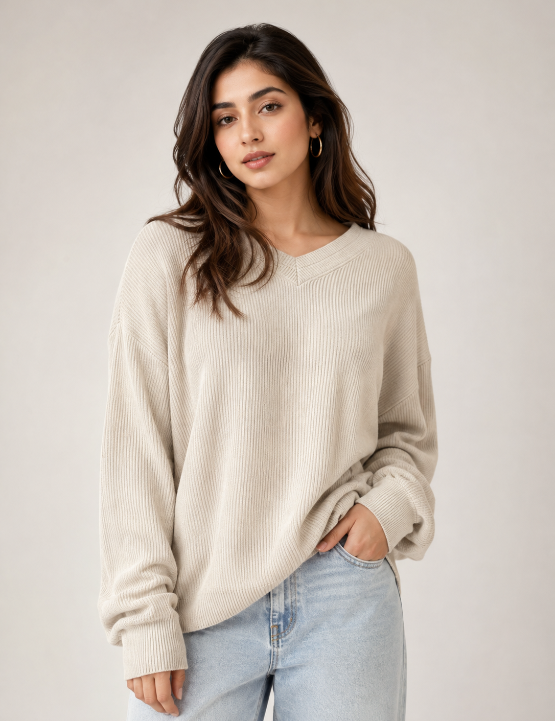 Papaya Women’s Ribbed V-Neck Oversized Knit Pullover Sweater in Beige, UK Size XL. Stylish, comfortable and perfect for everyday layering.