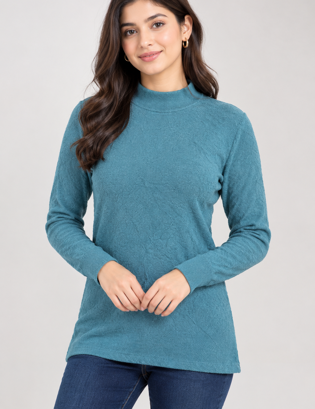  Papaya women’s teal blue textured mock neck jumper in UK size 10. Stylish long-sleeve knit with ribbed cuffs and hem, perfect for casual everyday outfits.