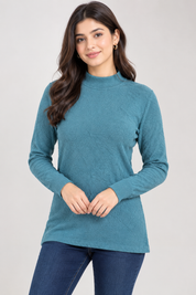 Papaya women’s teal blue textured mock neck jumper in UK size 10. Stylish long-sleeve knit with ribbed cuffs and hem, perfect for casual everyday outfits.