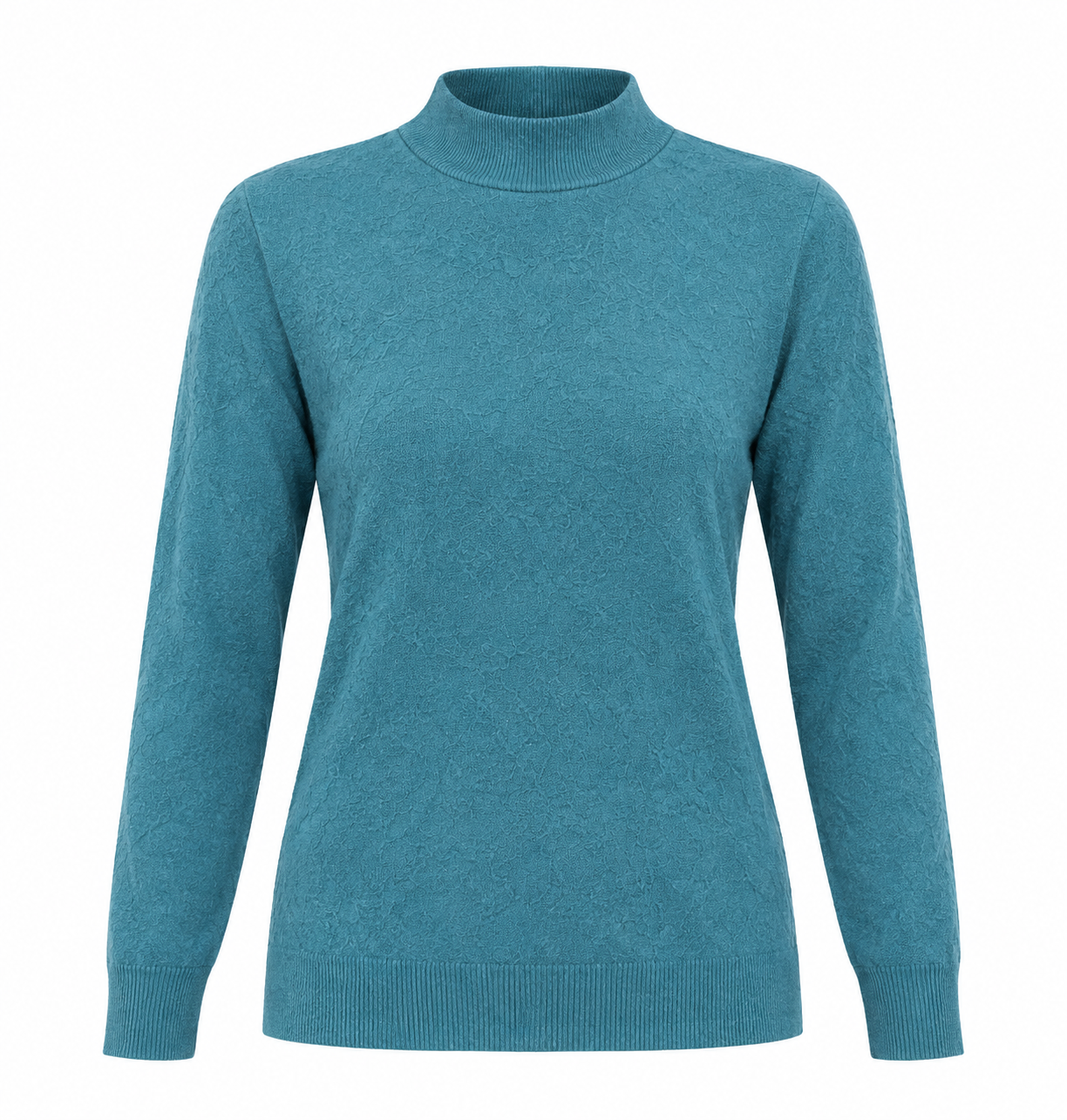  Papaya women’s teal blue textured mock neck jumper in UK size 10. Stylish long-sleeve knit with ribbed cuffs and hem, perfect for casual everyday outfits.