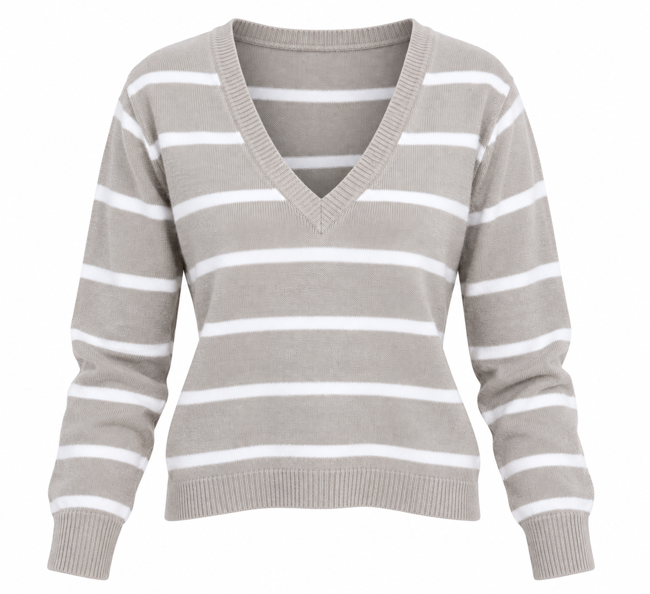 this PAPAYA women’s V-neck striped knit jumper in UK Size S, featuring a grey and white design, long sleeves and a stylish shorter-cut fit.