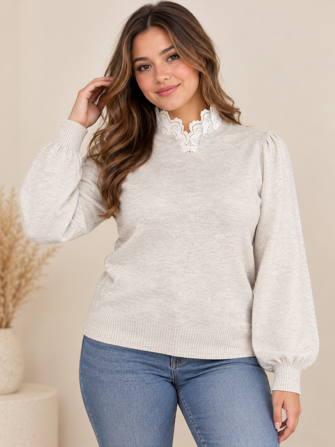 PAPAYA Women's Beige Knit Jumper in UK XL. Elegant white lace collar, puff sleeves and ribbed trims. Perfect for stylish everyday wear.
