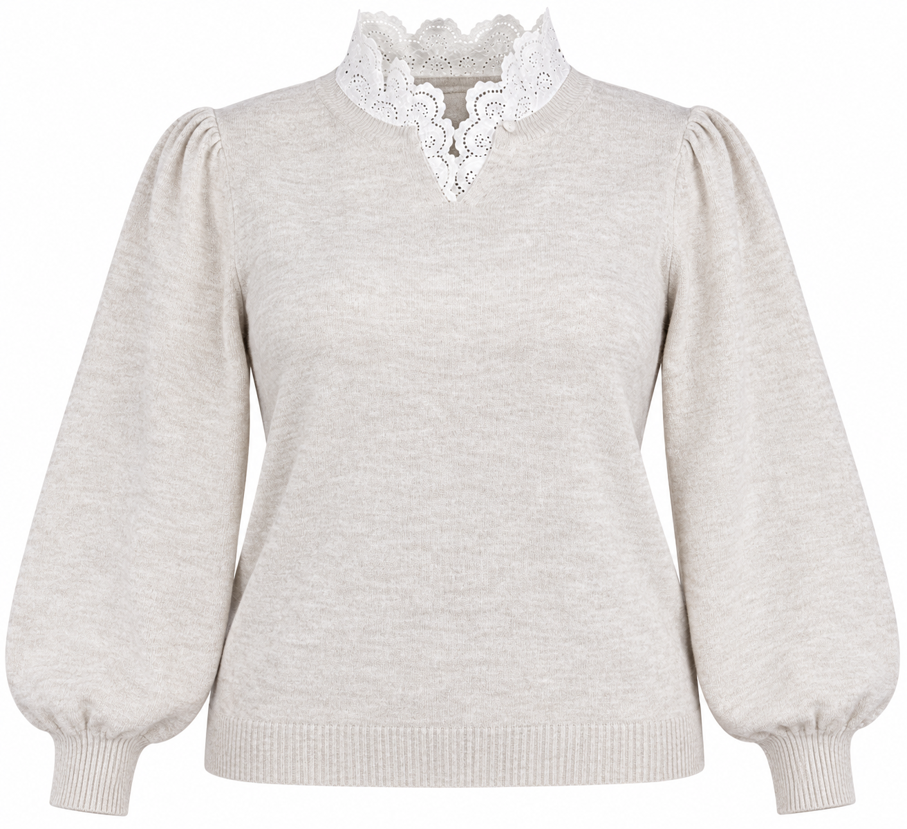  PAPAYA Women's Beige Knit Jumper in UK XL. Elegant white lace collar, puff sleeves and ribbed trims. Perfect for stylish everyday wear.
