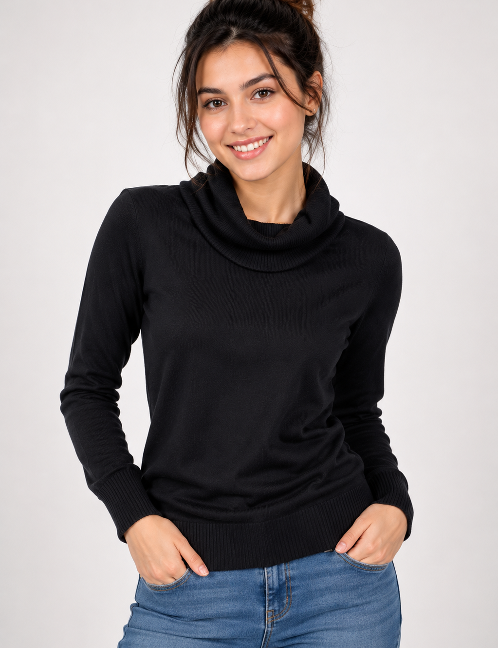  Papaya Women’s Black Cowl Neck Knit Sweater, UK Size 12. Stylish long-sleeve jumper with ribbed details, perfect for everyday and smart-casual outfits.