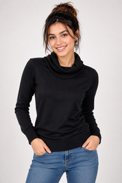  Papaya Women’s Black Cowl Neck Knit Sweater, UK Size 12. Stylish long-sleeve jumper with ribbed details, perfect for everyday and smart-casual outfits.