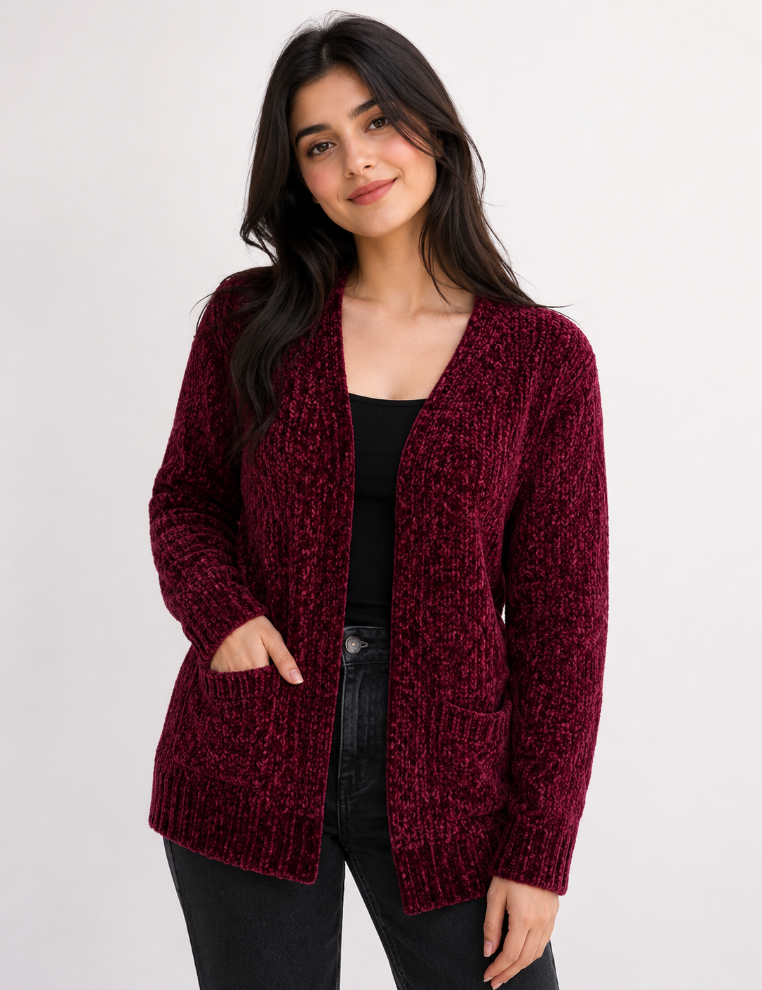  Papaya women’s burgundy textured knit cardigan in UK size M. Stylish open-front design with long sleeves and pockets, perfect for cosy everyday layering.