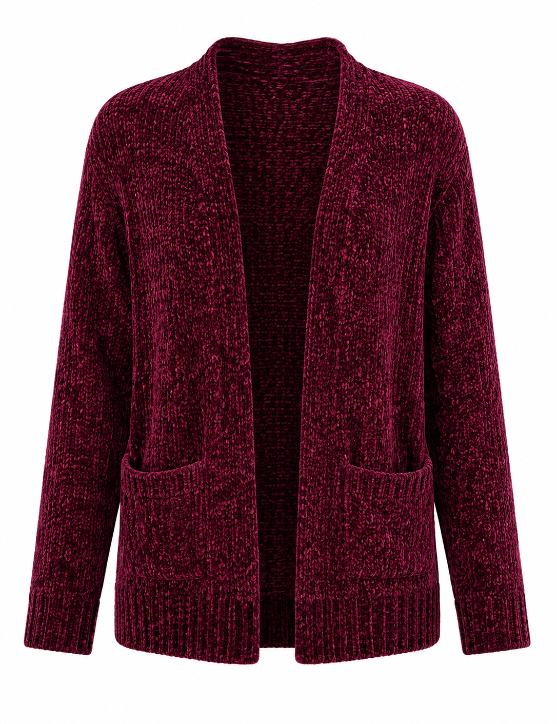  Papaya women’s burgundy textured knit cardigan in UK size M. Stylish open-front design with long sleeves and pockets, perfect for cosy everyday layering.