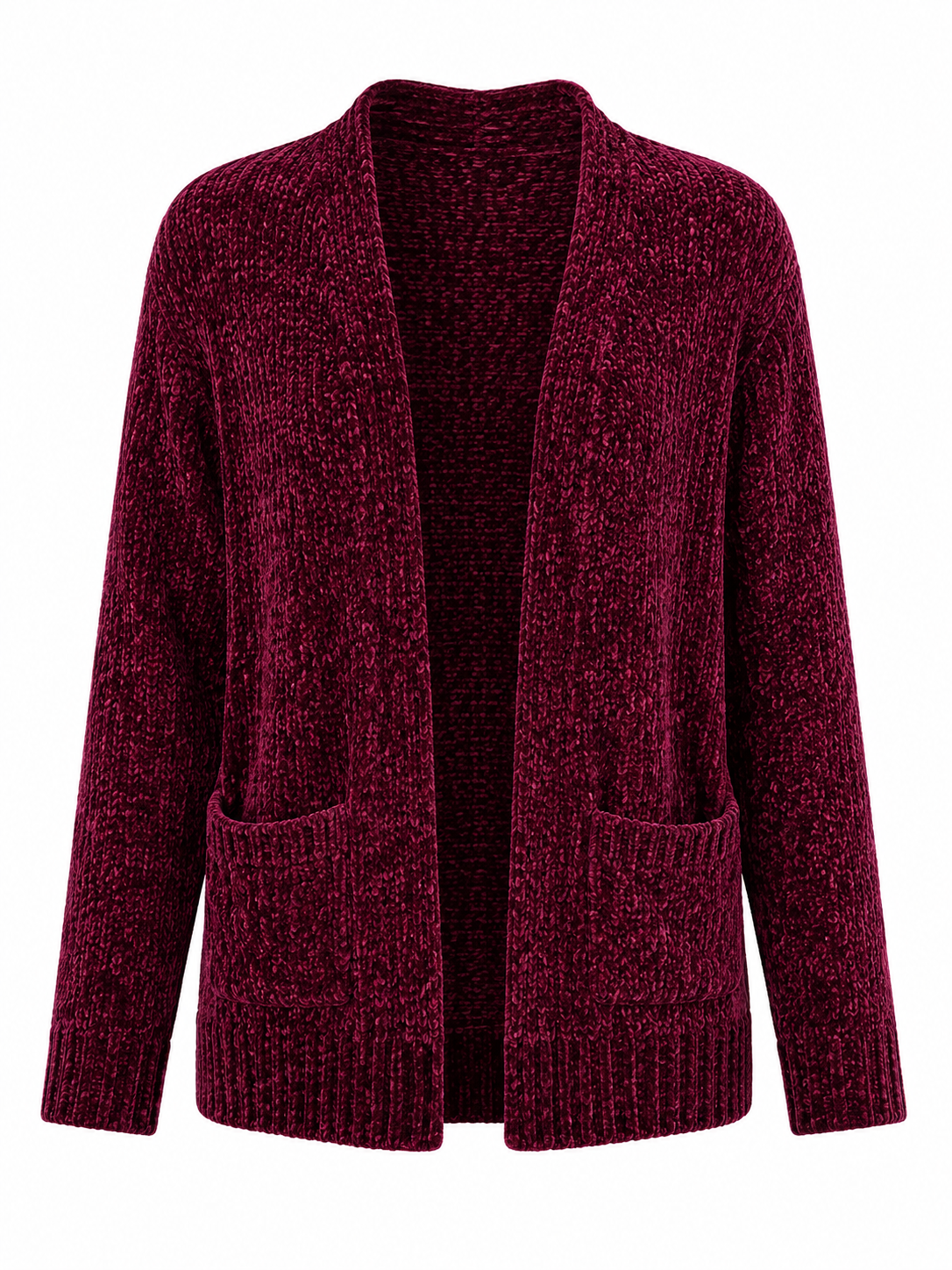  Papaya women’s burgundy textured knit cardigan in UK size M. Stylish open-front design with long sleeves and pockets, perfect for cosy everyday layering.