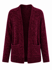  Papaya women’s burgundy textured knit cardigan in UK size M. Stylish open-front design with long sleeves and pockets, perfect for cosy everyday layering.