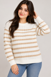 Papaya Women's Cream & Beige Striped Cable Knit Jumper in UK Size 12. Stylish, cosy long-sleeve knitwear, perfect for autumn and winter outfits.