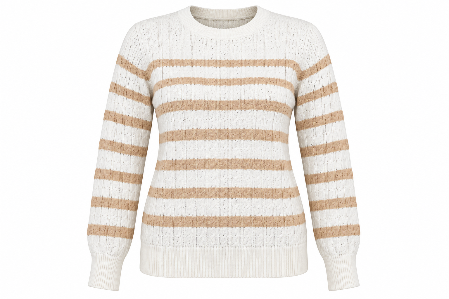 Papaya Women's Cream & Beige Striped Cable Knit Jumper in UK Size 12. Stylish, cosy long-sleeve knitwear, perfect for autumn and winter outfits.