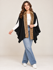 PARAMOUR women's black sleeveless open front cardigan with brown faux fur trim and flowing asymmetric hem. Stylish layering piece, UK Size L.