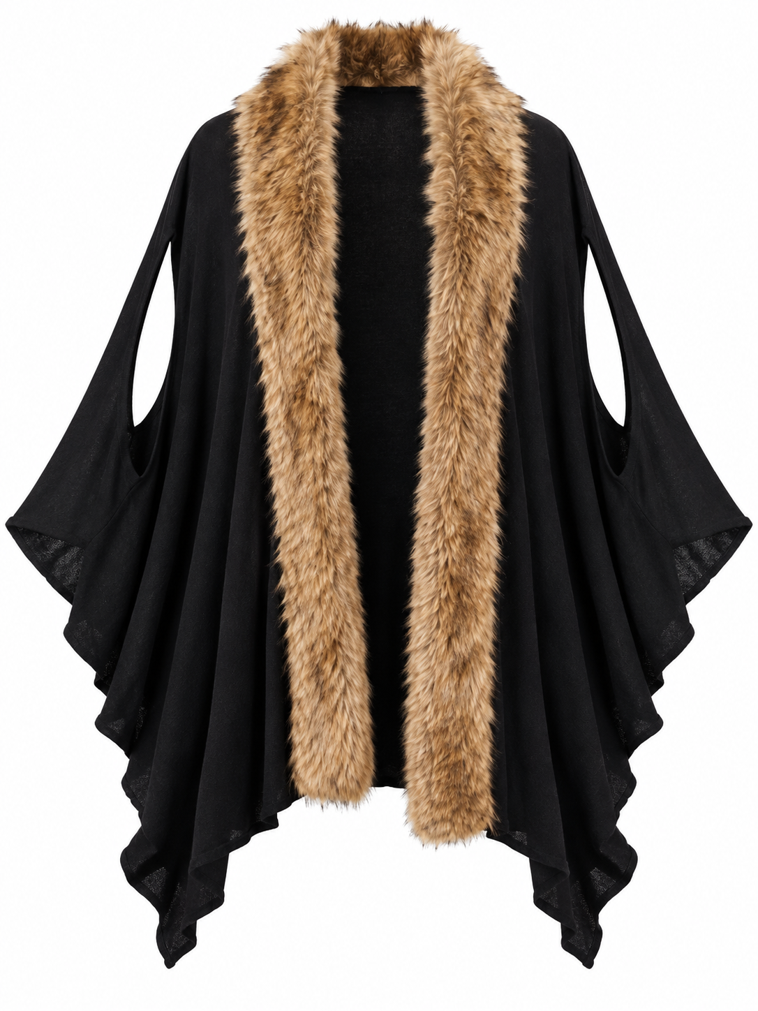 PARAMOUR women's black sleeveless open front cardigan with brown faux fur trim and flowing asymmetric hem. Stylish layering piece, UK Size L.