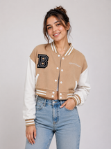 PARIS Women’s Tan & White Varsity Bomber Jacket