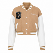 PARIS Women’s Tan & White Varsity Bomber Jacket in UK Size M. Stylish cropped design with striped detailing, B patch and contrasting sleeves.