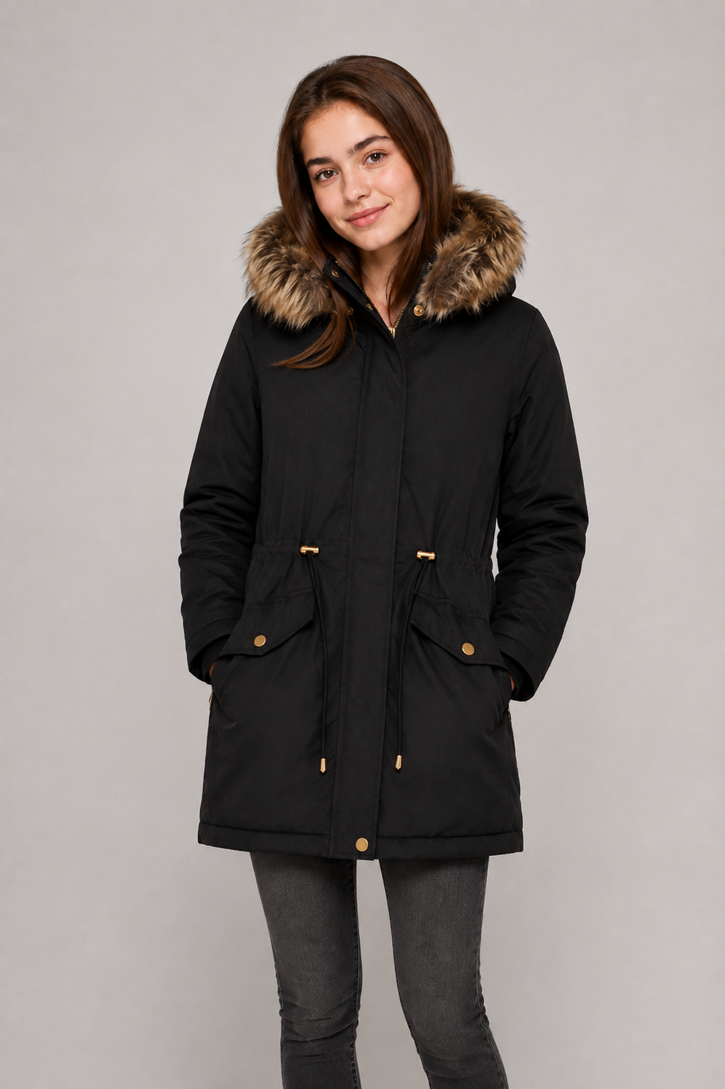  Peacocks women's black parka coat in UK Size 8 featuring a faux-fur hood, adjustable waist, front pockets and stylish gold-tone detailing. Perfect for winter.