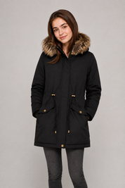  Peacocks women's black parka coat in UK Size 8 featuring a faux-fur hood, adjustable waist, front pockets and stylish gold-tone detailing. Perfect for winter.