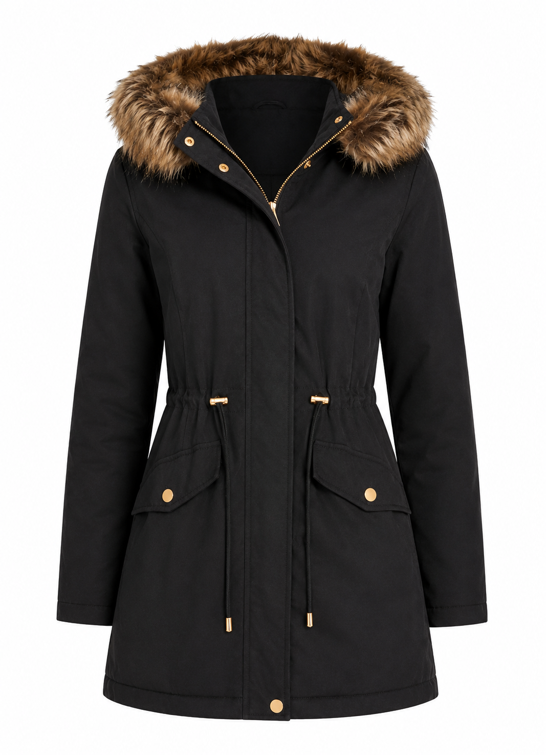  Peacocks women's black parka coat in UK Size 8 featuring a faux-fur hood, adjustable waist, front pockets and stylish gold-tone detailing. Perfect for winter.