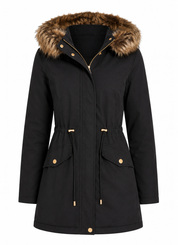  Peacocks women's black parka coat in UK Size 8 featuring a faux-fur hood, adjustable waist, front pockets and stylish gold-tone detailing. Perfect for winter.