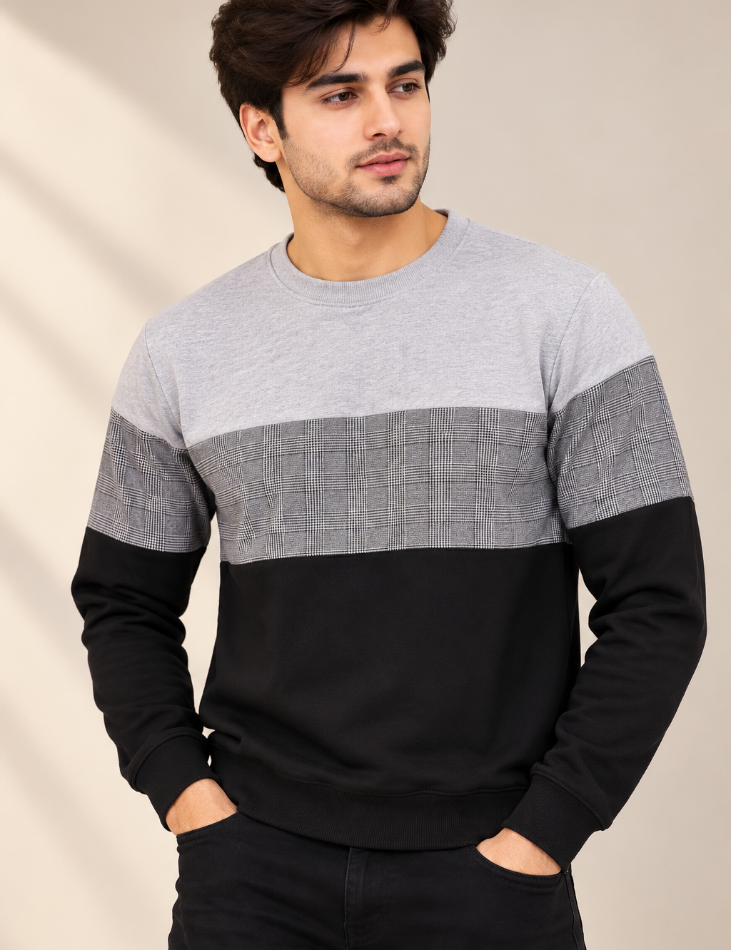  Peacocks men’s grey & black colour block sweatshirt in UK Size M, featuring a stylish checked chest panel, crew neck and comfortable casual fit.