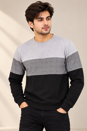  Peacocks men’s grey & black colour block sweatshirt in UK Size M, featuring a stylish checked chest panel, crew neck and comfortable casual fit.