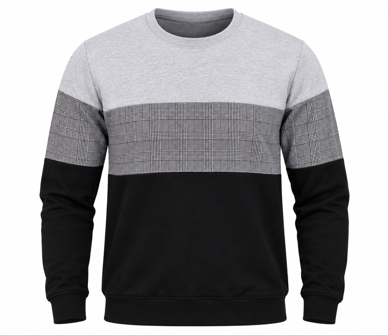  Peacocks men’s grey & black colour block sweatshirt in UK Size M, featuring a stylish checked chest panel, crew neck and comfortable casual fit.