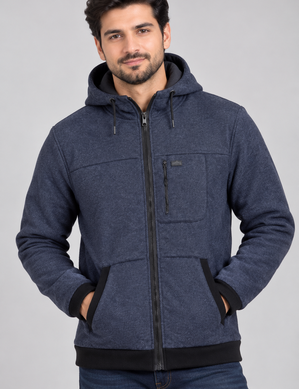  Peacocks men’s navy blue hooded zip-up jacket in UK XXL. Featuring a full zip, hood, chest pocket, hand pockets and ribbed cuffs for comfortable everyday wear.