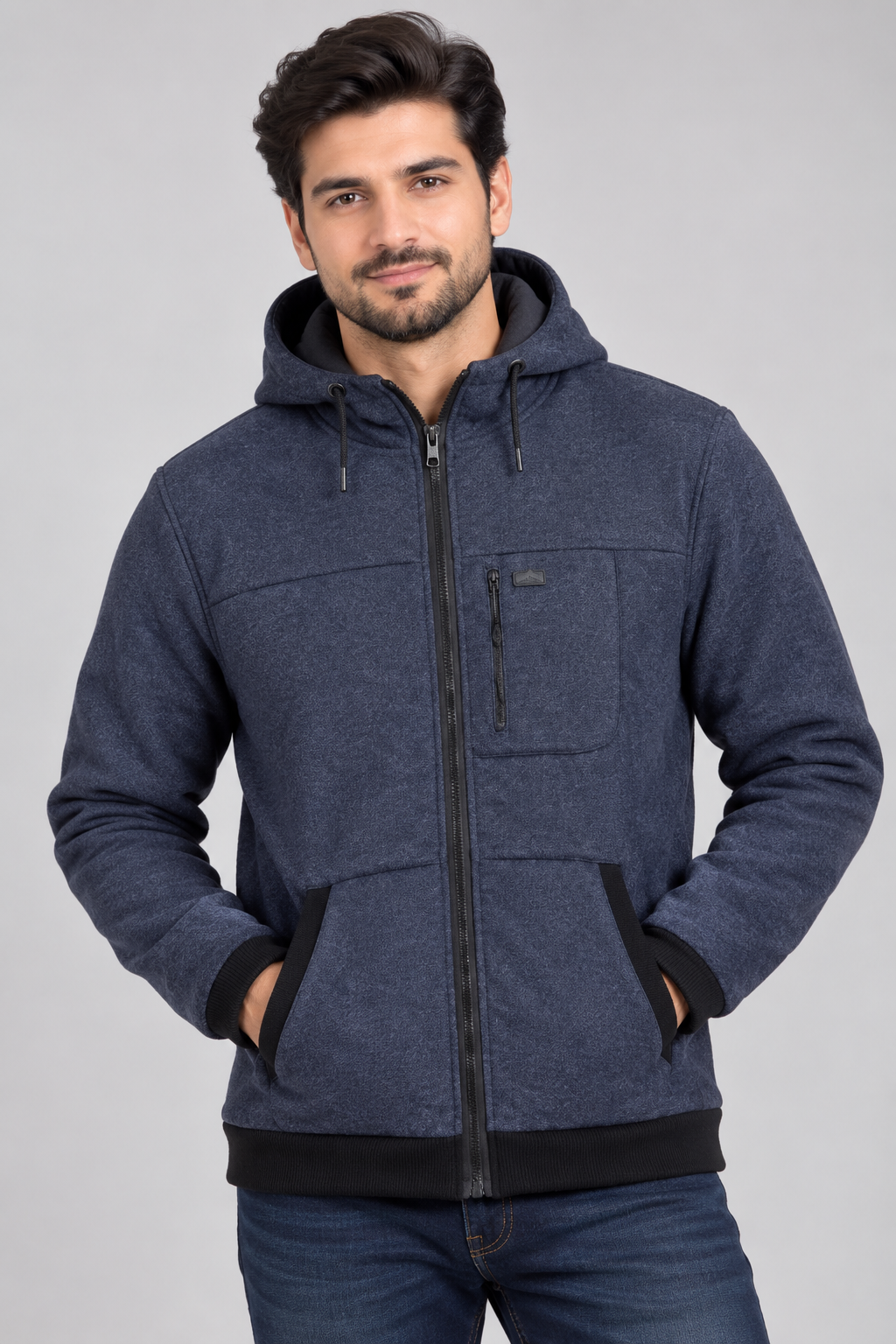  Peacocks men’s navy blue hooded zip-up jacket in UK XXL. Featuring a full zip, hood, chest pocket, hand pockets and ribbed cuffs for comfortable everyday wear.