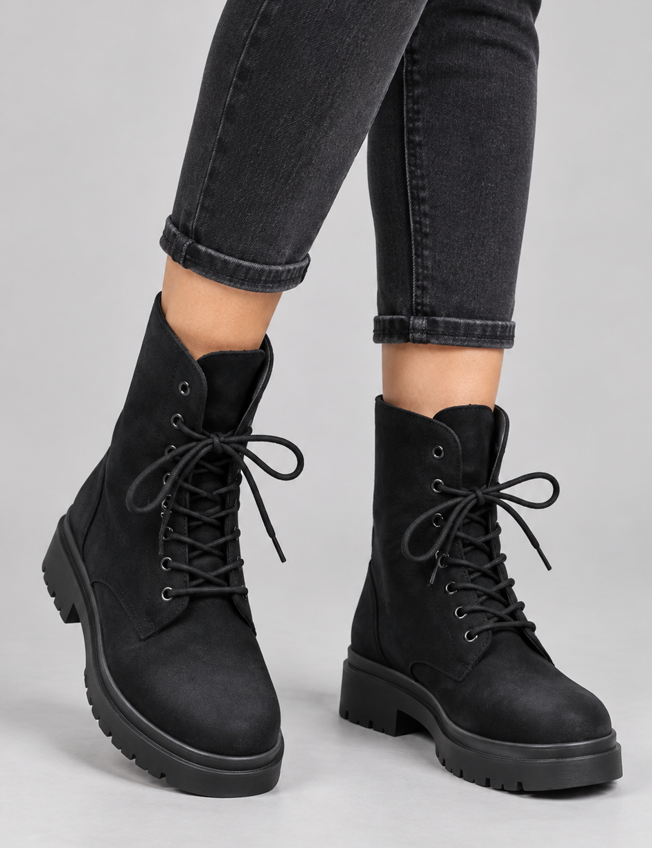  Peacocks black lace-up ankle boots in UK size 5. Stylish suede-look boots with a chunky sole, perfect for casual and winter outfits.