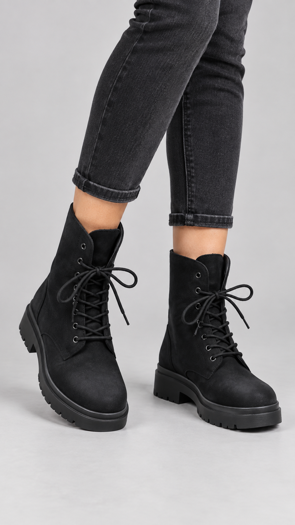  Peacocks black lace-up ankle boots in UK size 5. Stylish suede-look boots with a chunky sole, perfect for casual and winter outfits.