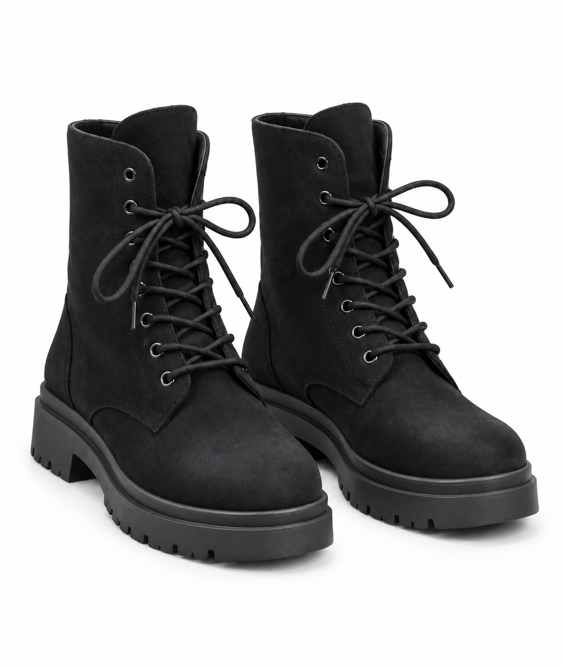  Peacocks black lace-up ankle boots in UK size 5. Stylish suede-look boots with a chunky sole, perfect for casual and winter outfits.