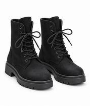  Peacocks black lace-up ankle boots in UK size 5. Stylish suede-look boots with a chunky sole, perfect for casual and winter outfits.