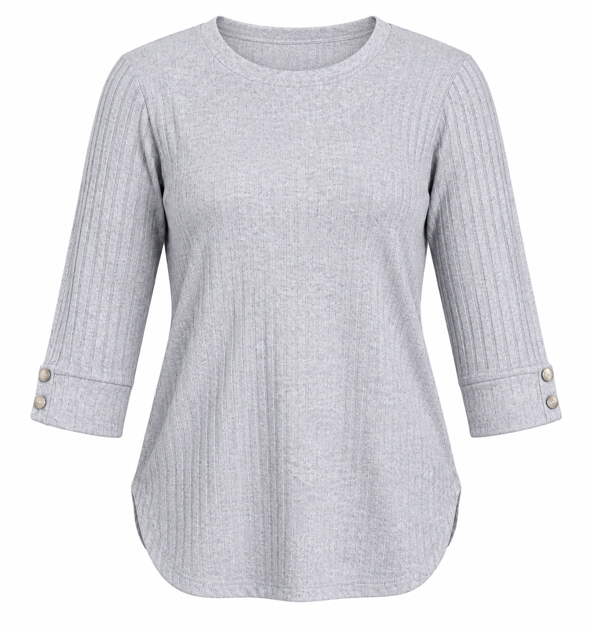 4 sleeves, button cuffs and curved hem—ideal for comfortable everyday wear.