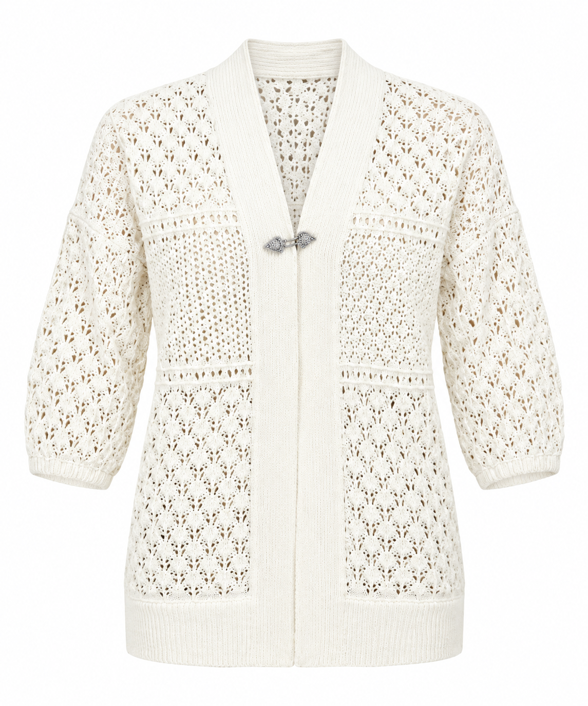  Peacocks ivory crochet knit cardigan in UK size M, featuring an elegant lace pattern, V-neck, three-quarter sleeves and stylish clasp fastening.